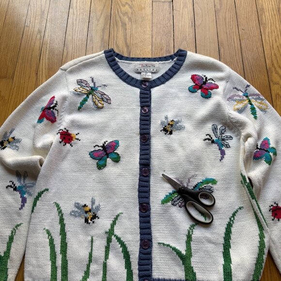 Vintage Talbots Size PS White Cotton Silk Blend Butterfly Ladybug Knit Cardigan - Picture 13 of 16
